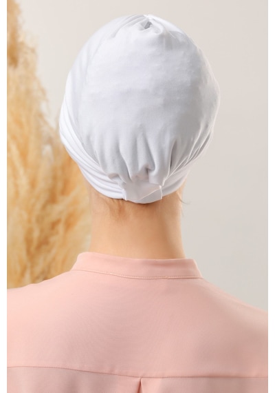Melodi Scarf Kadın Üç Bantlı Çapraz Hazır Türban Dış Bone Beyaz Beyaz