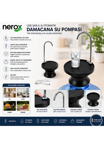 Jenerik Usb Şarjlı Otomatik Damacana Su Pompası 360 Başlıklı Standlı Çok Renkli