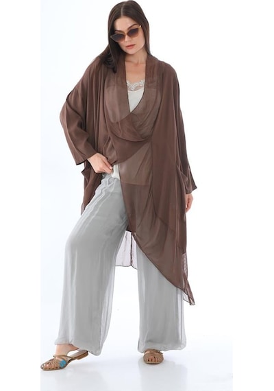 Bohem Stil Italyan Ipek Detaylı Oversize Kaftan & Bluz-8711 Kahverengi