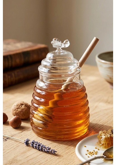 Borosilikat Cam Bal Kavanozu, Ahşap Kaşık 300ml Şeffaf