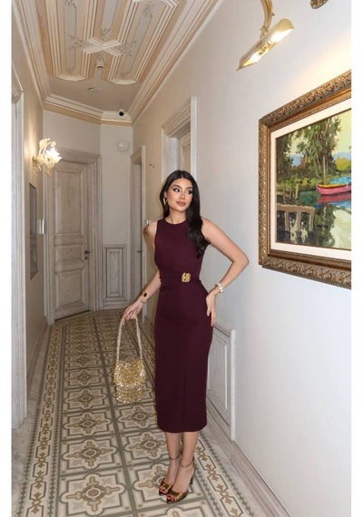 Kechi Woman Double Kumaş Aksesuarlı Uzun Elbise Bordo