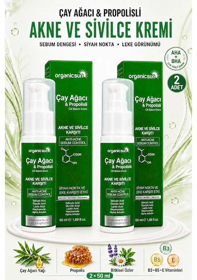 Organicsun Çay Ağacı Ve Propolisli Akne Ve Karşıtı Cilt Bakım Kremi 2 Adet X 50 Ml Siyah Nokta Ve Leke Görünümü Bakımı