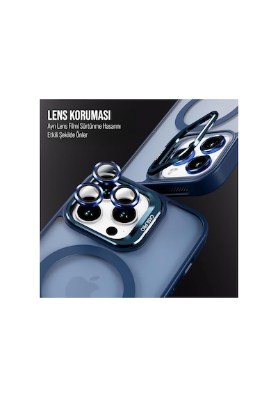 iPhone Uyumlu 14 Plus / 15 Plus Kamera Koruma Stantlı Magsafe Destekli Lens Koruyucu Telefon Kılıfı Lacivert