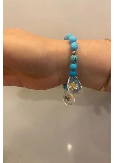 Doğal Taş Bileklik Hand Made El İşi Feng Shui Ejderha Yılı Koruyucu Hayvan Horoz Ve Ejderha Objeli Ve Doğal Turkuaz Taşlı Çok Renkli