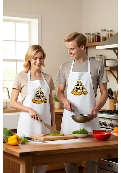 Unisex Mutfak Önlüğü Pizza Yüzlü Komik Baskılı Aşçı Rahat Kesim G Beyaz