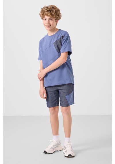 Koyu Mavi-kot Lacivert Pamuklu Oversize Fit Dokuma Hafif Esnek Chino Erkek Çocuk Şort Takım - 11275 Koyu Mavi