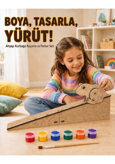 Çocuk Ahşap Hareketli Kurbağa Boyama Seti 6 Renk Boya, Fırça Ve Kolay Montaj Parkuru