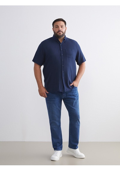 Lcwaıkıkı Classic İndigo Regular Fit Kısa Kollu Armürlü Erkek Gömlek