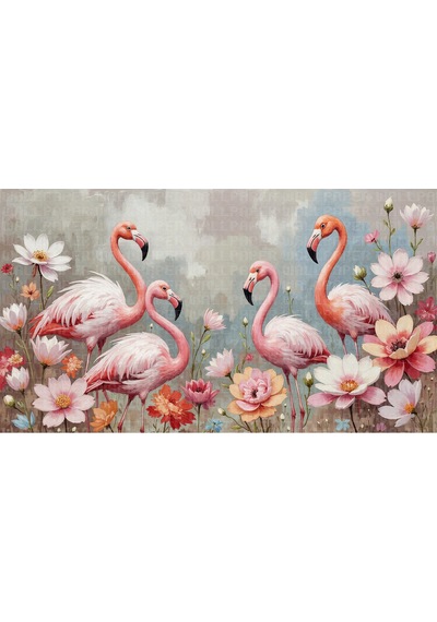 Flamingolar Renkli Çiçekler Poster Duvar Kağıdı