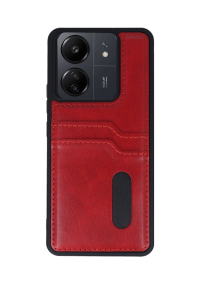 Xiaomi Poco C65 Uyumlu Deri Kartvizitli Kartlıklı Premium Telefon Kılıfı Kapak Kırmızı