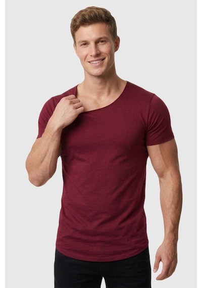 Deepsea Erkek Bordo Geniş Yaka Likralı Tişört Oval Yaka Slim Fit Eteği Oval Açık Yaka T-shirt 1801199 Bordo