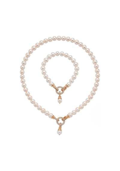 Halka Kilitli Doğal İnci Kolye Bileklik İkili Set 40 Cm / Rose Gümüş