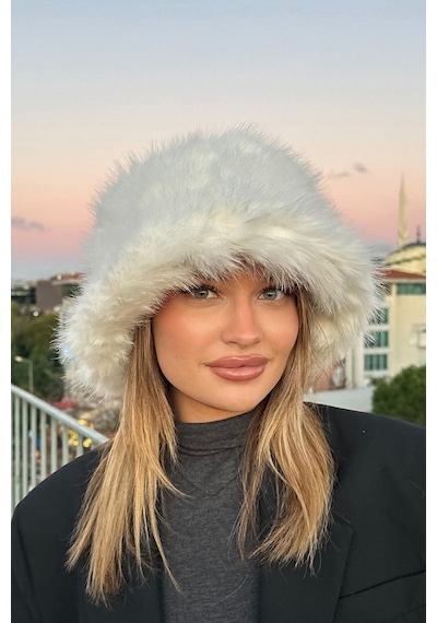 Mollycrush Suni Kürklü Peluş Bucket Kalpak Şapka Luxury Kadın Beyaz Rus Slav Tarzı Beyaz