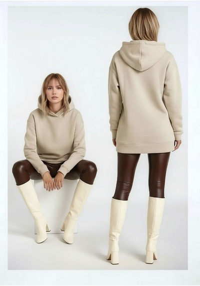 Mamayaga Kadın 3 İplik Kalın Kapüşonlu Oversize Curve Kalıp Uzun Kol Sweatshirt Kazak Bej