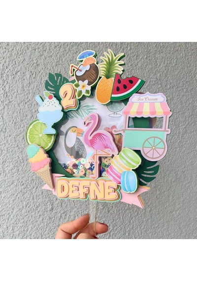 Tropikal Meyve Flamingo Temalı Doğum Günü İsme Özel Pasta Süsü
