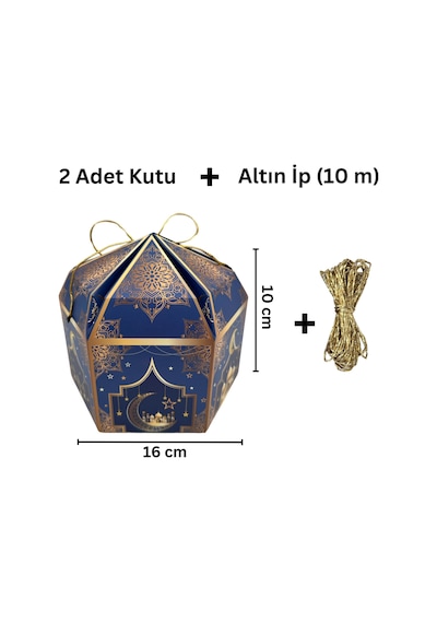 2li Ramazan Hediye Kutusu & Altın İp Seti 10m , Kandil, Şeker Ve Çikolata Kutusu, 16x16x10 Cm