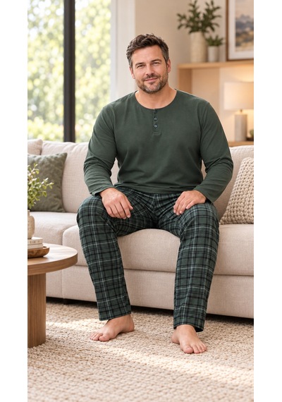 Seboteks İnterlok Kumaş Yakası Düğmeli Uzun Kollu Büyük Beden Erkek Pijama Takımı 8589 Haki Seboteks İnterlok Kumaş Yakası Düğmeli Uzun Kollu Büyük Beden Erkek Pijama Takımı 8589 Haki