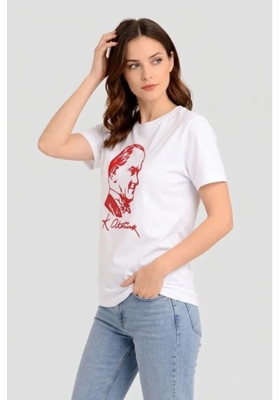 Modi Atatürk Baskılı Tişört Kısa Kollu Bisiklet Yaka T-shirt - Beyaz