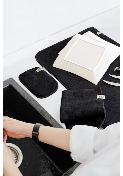 Siyah Microwell 3 Prç Set Microfiber Bulaşık Kurutma Matı 3'lü Mutfak Seti Kurulama Bezi Örtüsü