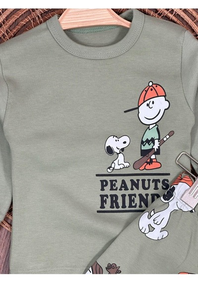 Bisiklet Yaka Peanuts Baskılı Alt Üst 2'li Pijama Takımı 4bb2 Yeşil