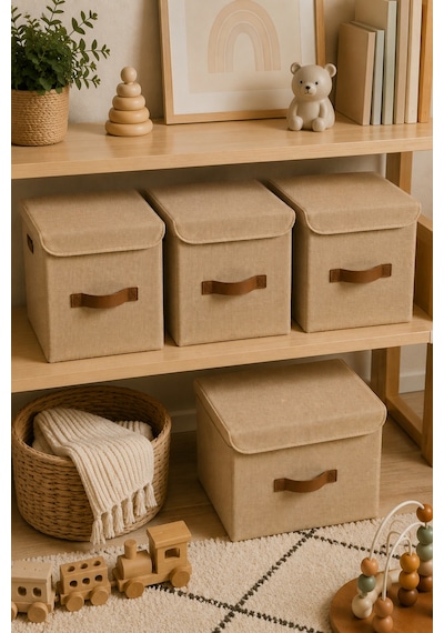 Kapaklı Jüt Saklama Kutusu 25x25x25 Cm Katlanabilir Dolap Düzenleyici Raf Organizer Doğal