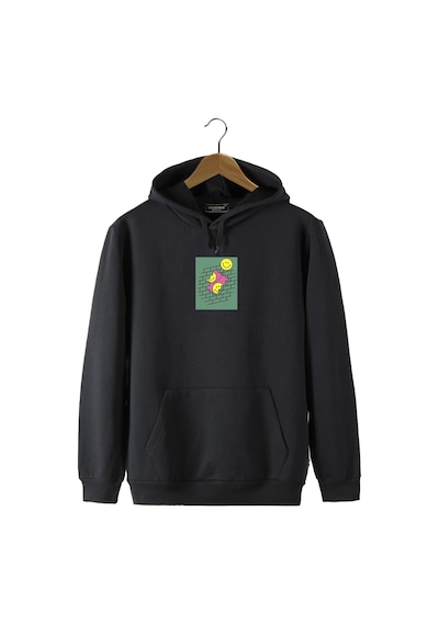 Unisex Siyah Kapüşonlu Önü Smile Baskılı Slim Fit Kanguru Cepli Sweatshirt Siyah
