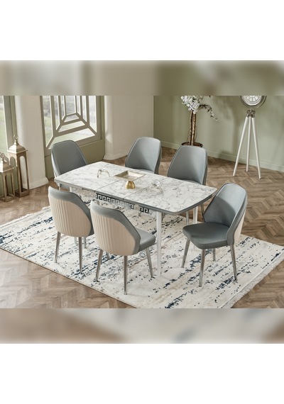 Murat Sandalye Mona Seris Beyaz Mermer Açılabilir Mutfak Masası Takımı M 80 x 130