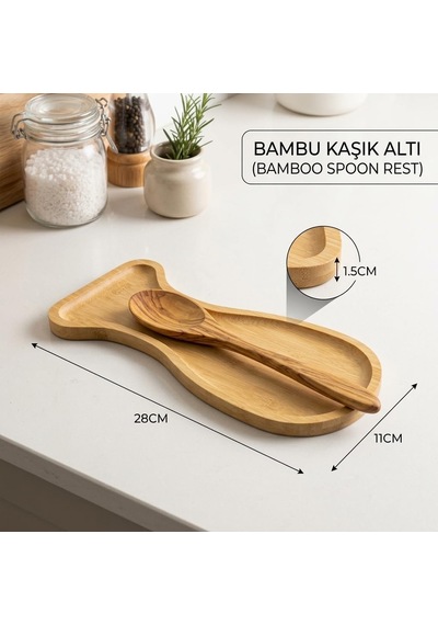 %100 Doğal Bambu Kaşık Ve Kepçe Altlığı - Ocak Yanı Tezgah Üstü Kirli Kaşıklık 28x11x1.5 Cm