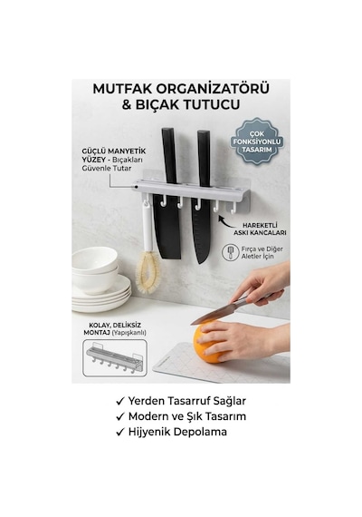 Kendinden Yapışkanlı Duvara Monte Bıçaklık Ve Mutfak Düzenleyici Organizer - Bıçak Yuvalı, 5 Kancalı Askı Aparatı Renkli