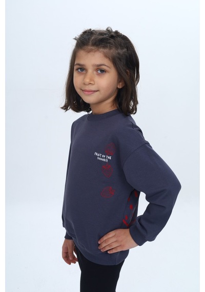 Kız Çocuk Relax Fit Bisiklet Yaka Düşük Omuz Baskılı Sweatshirt Füme Melanj
