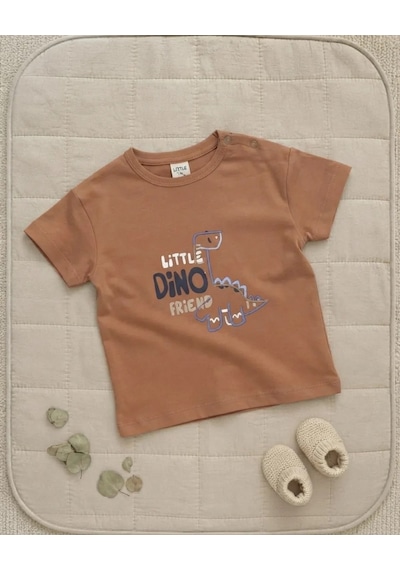 Tuffy Erkek Bebek Taba Renkli Dinozor Baskılı Kısa Kollu Süprem Tişört
