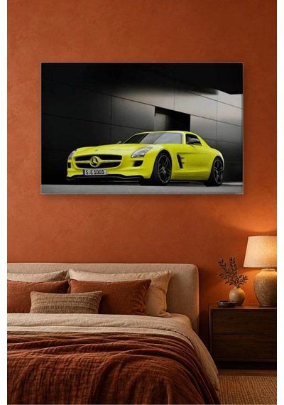 Fida Siyah Duvar Önünde Neon Sarı Mercedes Sls Canvas Tablo