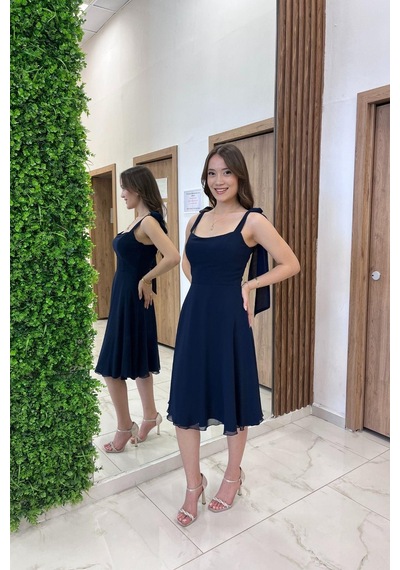 By Saygı Kadın Omuzu Bağcıklı Astarlı Kısa Elbise-41305 Lacivert