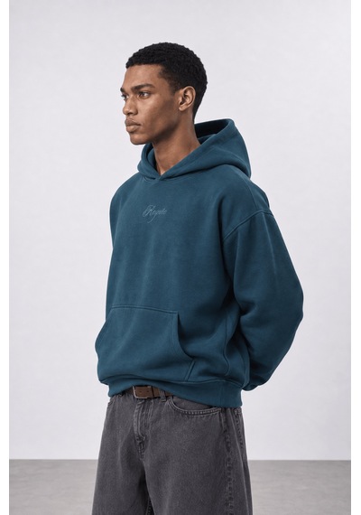 Respire Erkek Rosette Nakışlı Oversize Hoodie Zümrüt Zümrüt Yeşili