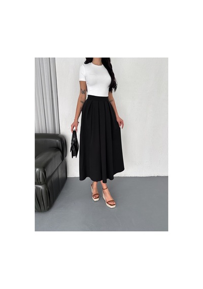 Winmoda34 Tesettür Dabıl Kumaş Pileli 91 Cm Tam Boy Uzun Etek Siyah