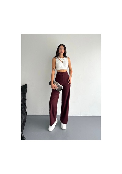 Gugus Kadın Cepsiz Dokuma Kumaş Pantolon Beli Cırtlı Bol Paça Wide Leg Model Bordo