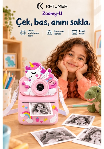 Kj/zm-004 Zoomy-u Unicorn Figürlü Anında Baskılı Çocuk Fotoğraf Makinesi, Çift Kamera, 2,4 İnç Ekran, 1080p Video, 3+ Yaş Pembe