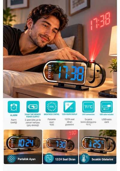 Modern Led Masa Saati Dijital Ekranlı Alarm Parlaklık Ayarlı 12 24 Saat Sıcaklık Göstergeli Sarı