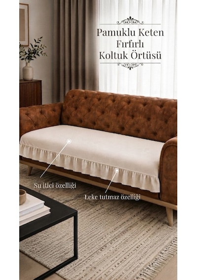 Lüx Fırfırlı Koltuk Örtüsü Bohem Pamuklu Keten Leke Tutmaz Su İticili Koltuk-çekyat Örtüsü Krem