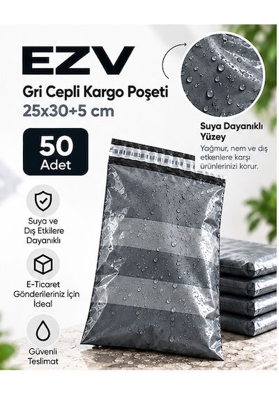 Gri Cepli Kargo Poşeti 25x30+5 Cm 50 Adet Yapışkanlı, Şeffaf Evrak Cepli