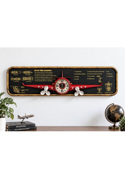 Nostaljik Uçak Temalı Kırmızı Pano Saat - 77 Cm