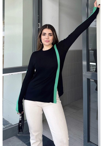 WeShaya Kadın Siyah Yuvarlak Yaka, Uzun Kol, Şerit Detaylı, Yırtmaçlı Rahat Bluz Siyah