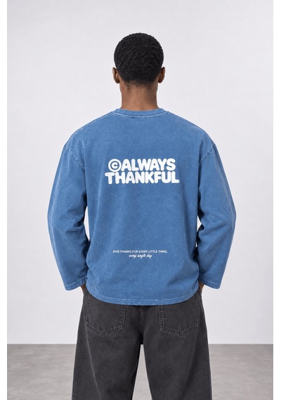 Respire Erkek Always Baskılı Yıkamalı Oversize Long Sleeve Bebe Mavi