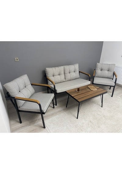 Modern Güneş Balkon, Bahçe, Cafe - Metal Kanepe Koltuk Takımı - 2+1+1 + Sehpa Açık Gri Modernsh27 Açık Gri