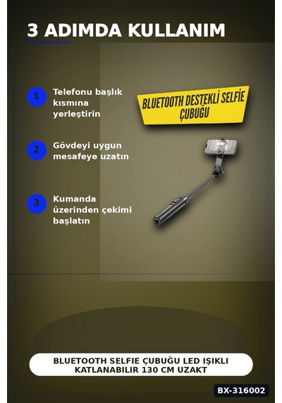 Bluetooth Selfie Çubuğu Led Işıklı Katlanabilir 130 Cm Uzaktan Kumandalı Bx-316002 diğer