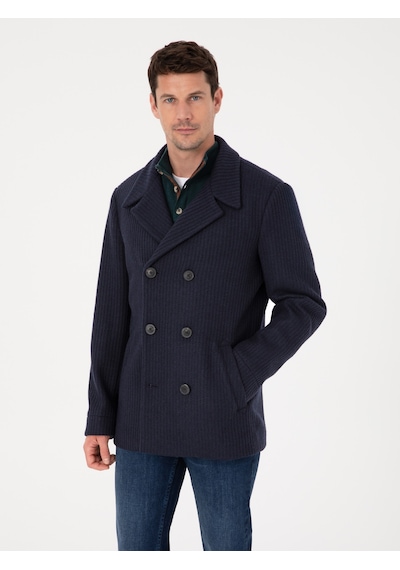 Cacharel Lacivert Slim Fit Yün Karışımlı Kruvaze Kaşe Kaban