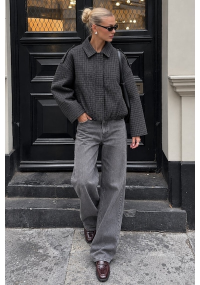 Madmext Antrasit Ekose Desenli Oversize Kadın Bomber Ceket Mg2920