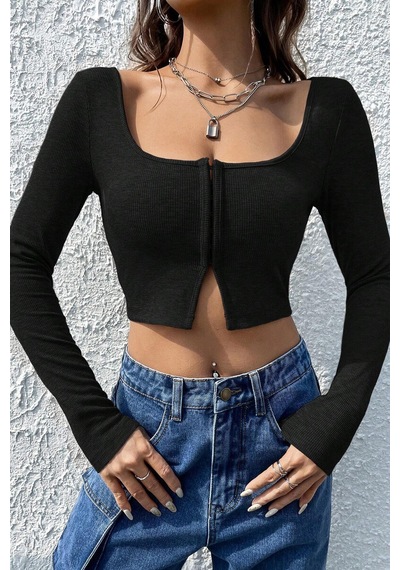 Kadın Siyah Uzun Kollu Agraflı Göğüs Ve Göbek Dekolteli Crop Top Bluz