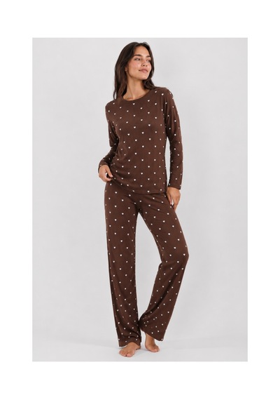 Feg Store Pamuk Kahverengi Uzun Kollu Minik Kalp Detaylı Kadın Pijama Takımı