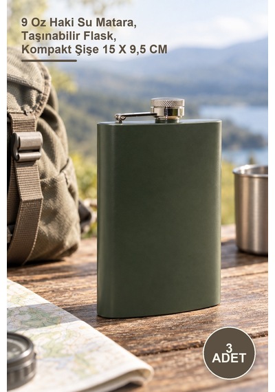 Anta 3 Adet Matara 9 Oz Haki Su Matara, Taşınabilir Flask, Kompakt Şişe 15 X 9,5 Cm